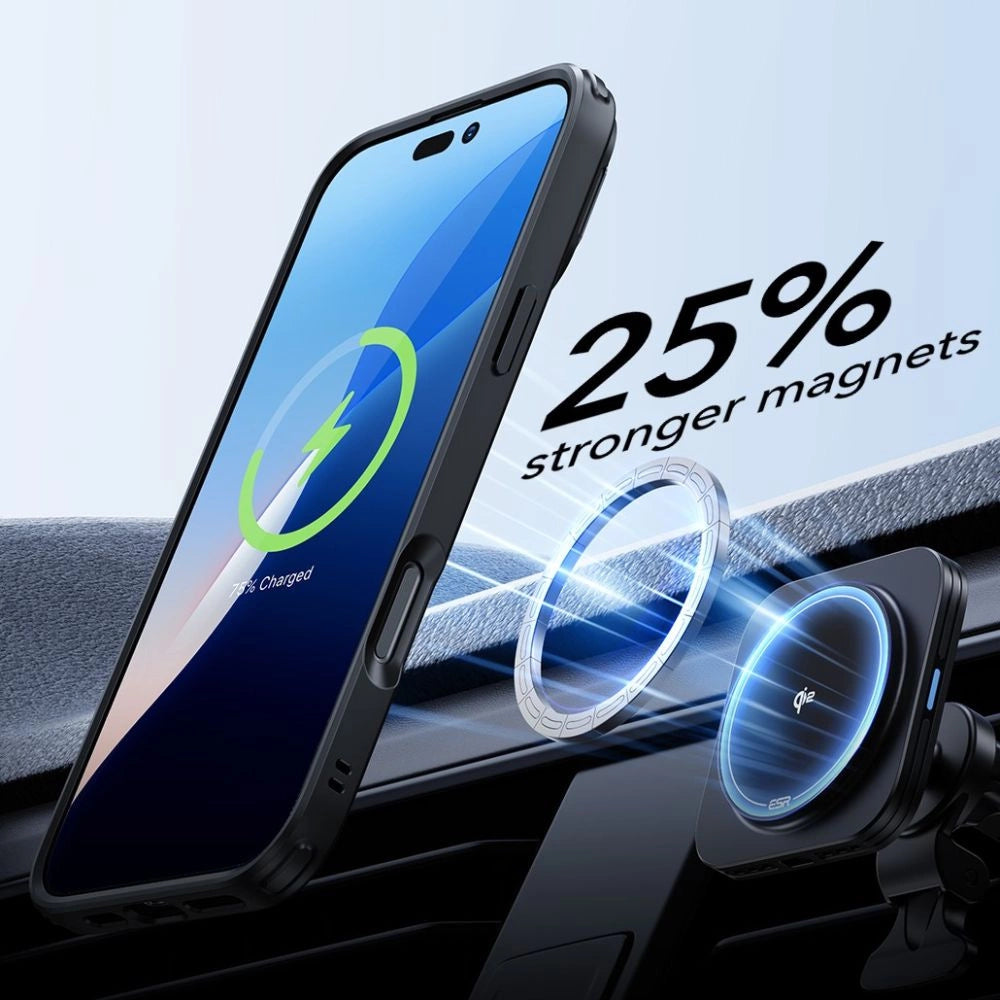 ESR Classic Hybrid Kickstand Halolock MagSafe Case med Stand + Hæmt Glas til iPhone 16 Pro Max - Halvt gennemsigtigt med sort ramme