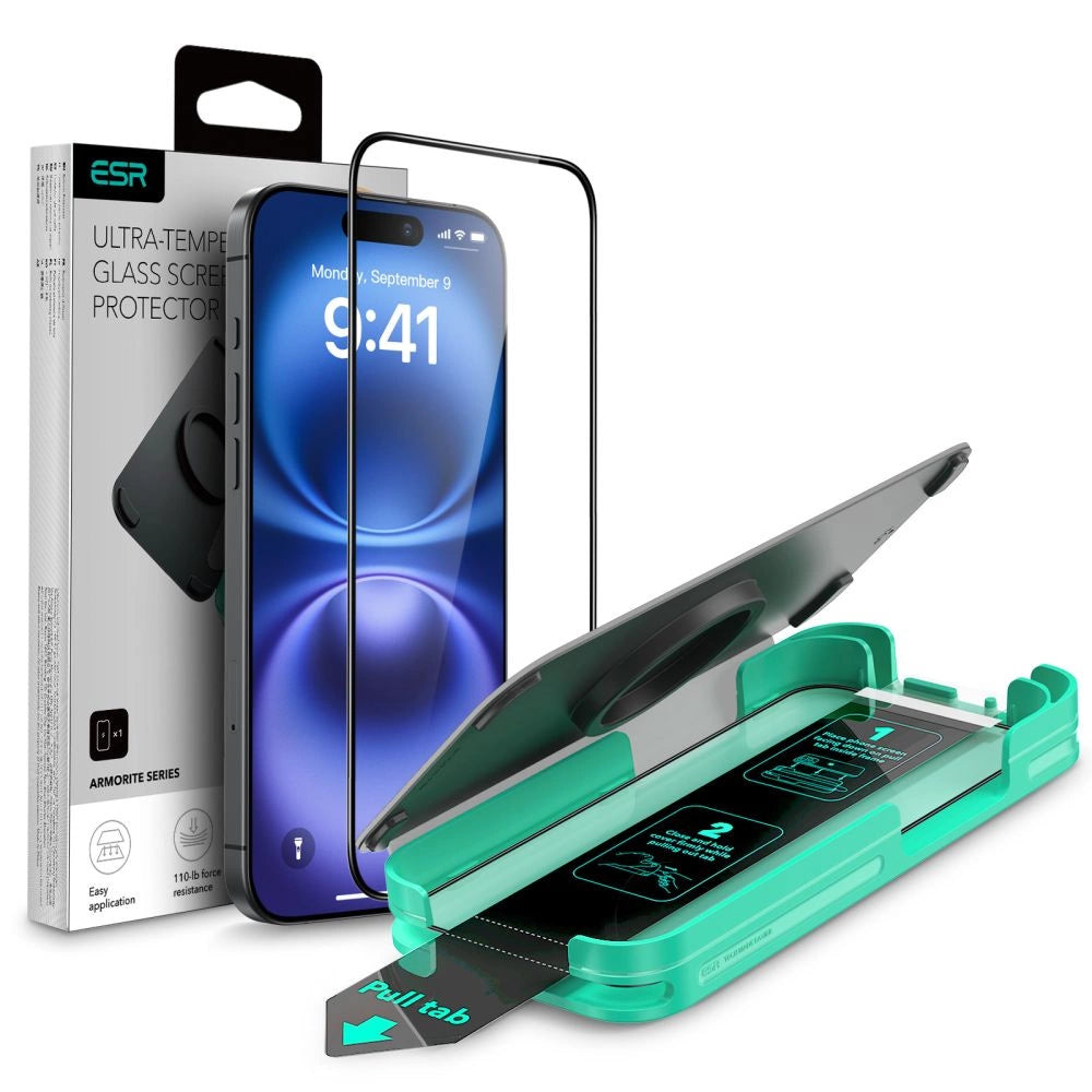 ESR Armorite tempereret glas til iPhone 16 med applikator - med sort ramme