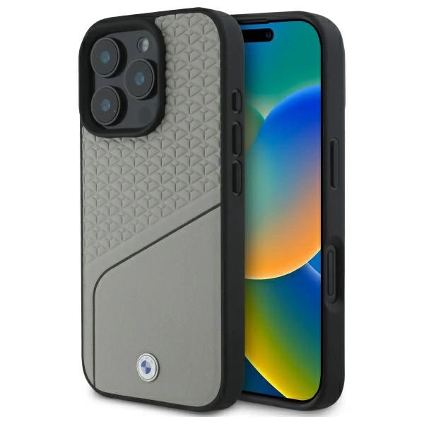 BMW Sign læder tekstureret og linje MagSafe Case til iPhone 16 Pro Max - Grå
