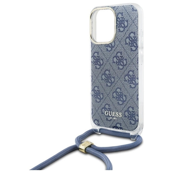 Guess Crossbody Cord 4G Print Case med Lanyard til iPhone 16 Pro - Blå