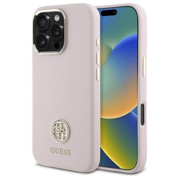 Guess Silicone Logo Strass 4G-hylster til iPhone 16 Pro - lyserød