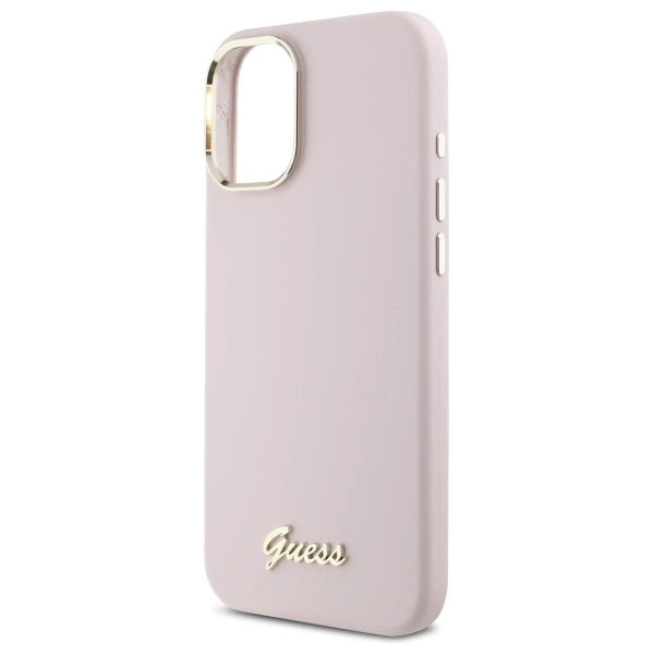 Guess Silicone Script Metal Logo & Frame iPhone 16 Plus Case - Pink