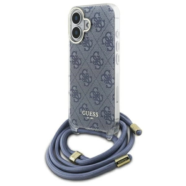 Guess Crossbody Cord 4G Print Case med Lanyard til iPhone 16 - Blå