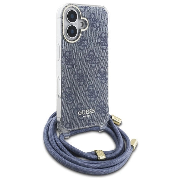 Guess Crossbody Cord 4G Print Case med Lanyard til iPhone 16 - Blå