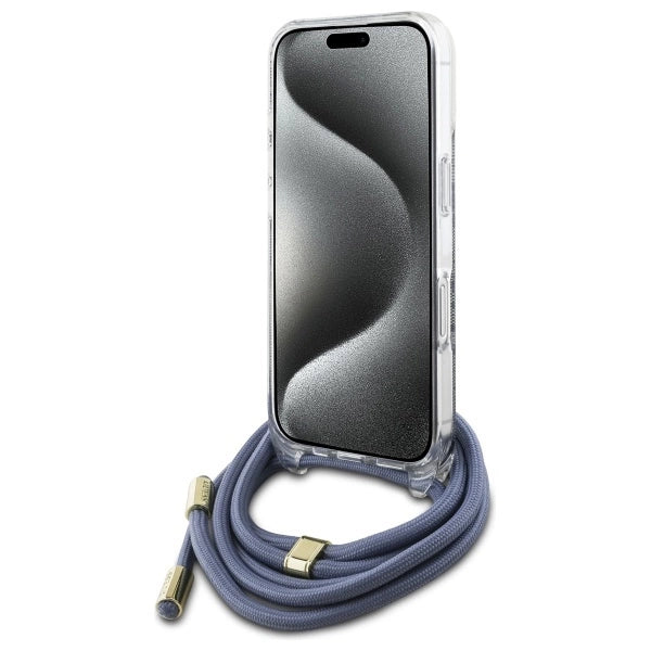 Guess Crossbody Cord 4G Print Case med Lanyard til iPhone 16 - Blå