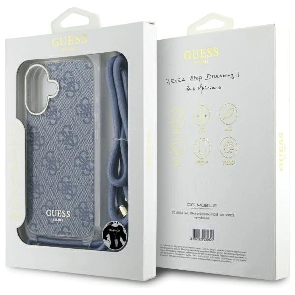 Guess Crossbody Cord 4G Print Case med Lanyard til iPhone 16 - Blå