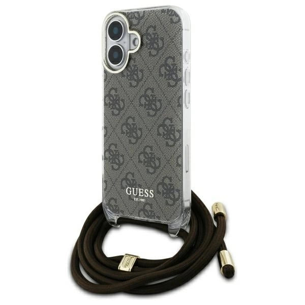 Guess Crossbody Cord 4G Print Case med Lanyard til iPhone 16 - Brown
