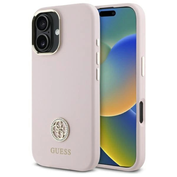Guess Silicone Logo Strass 4G-fodral til iPhone 16 - lyserød