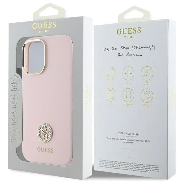 Guess Silicone Logo Strass 4G-fodral til iPhone 16 - lyserød