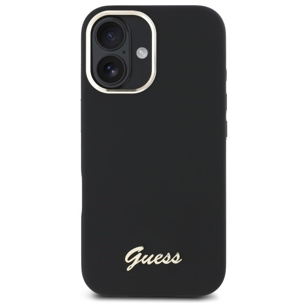 Guess Silicone Script Metal Logo & Frame Case til iPhone 16 - sort