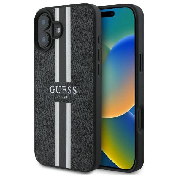 Guess 4G Printed Stripes MagSafe case til iPhone 16 - sort
