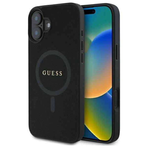 Guess Saffiano Classic Logo MagSafe-hylster til iPhone 16 - sort