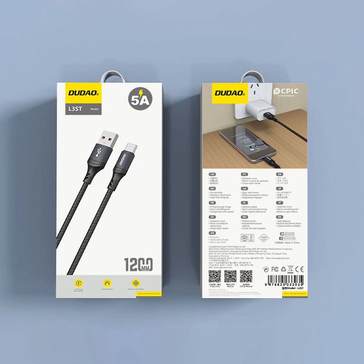 Dudao L3ST USB-A - USB-C 5A Kabel 1,2 m Flettet - sort
