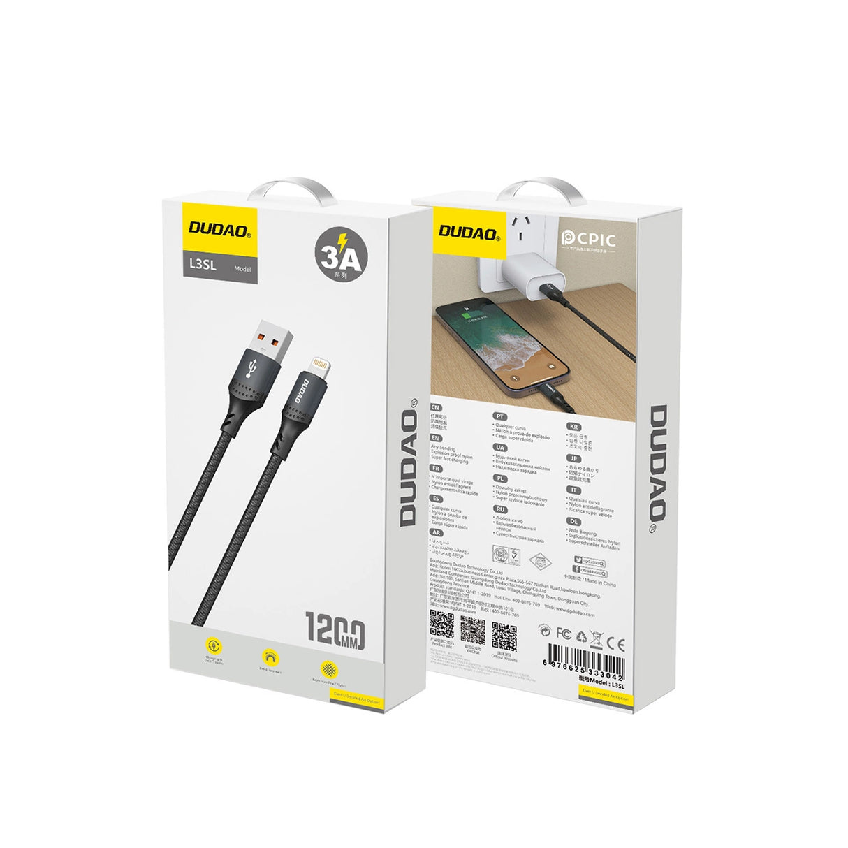 Dudao 3A 30W L3SL USB-A - Lightning Cable Braided 1.2m - sort