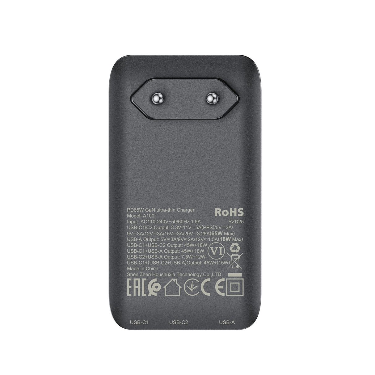Acefast A100 65W GaN 2 USB-C+ USB-A oplader Ultra Slim - sort