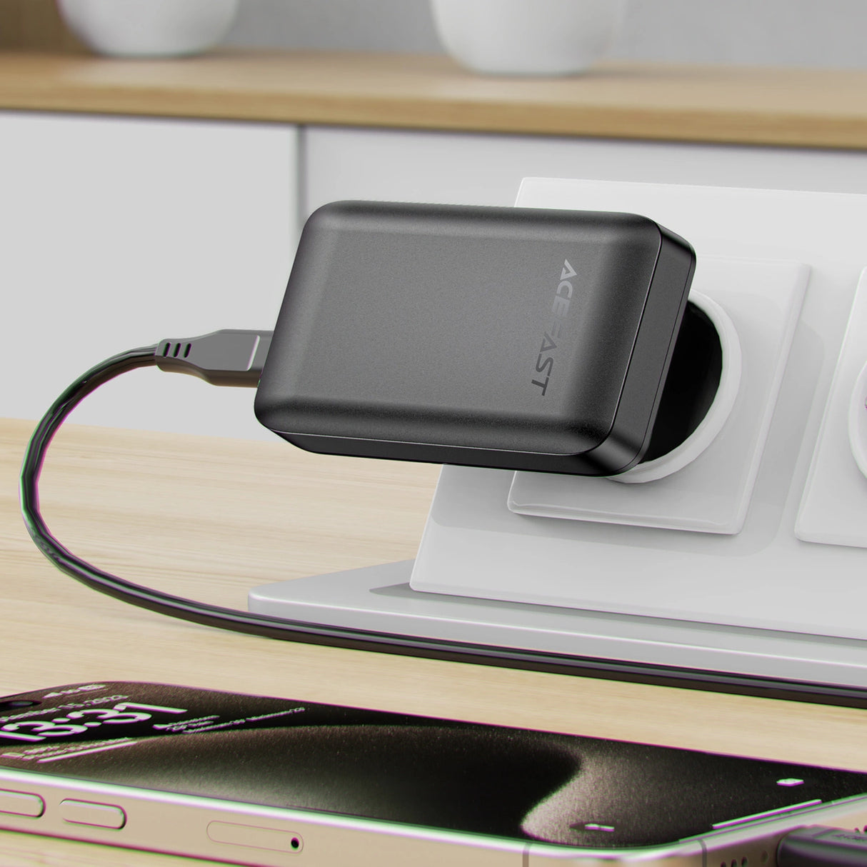 Acefast A100 65W GaN 2 USB-C+ USB-A oplader Ultra Slim - sort