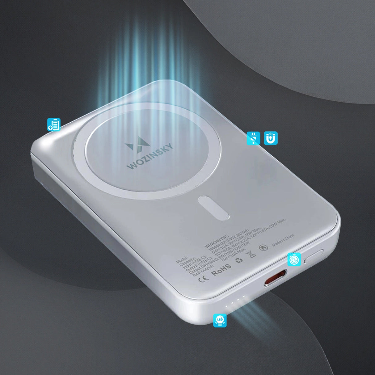 Wozinsky WRW349YWS 10.000 mAh Magnetisk Power Bank - hvid
