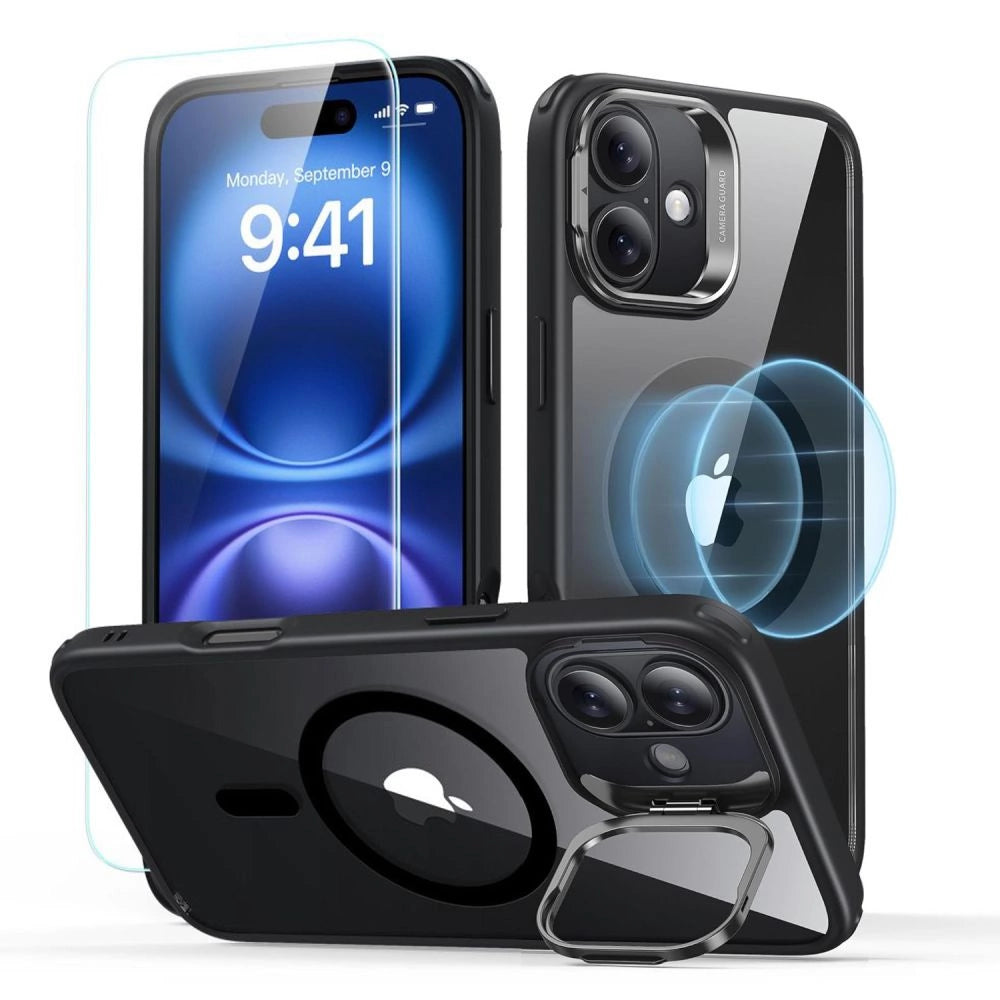ESR Classic Hybrid Kickstand Halolock MagSafe Case Set + hærdet glas til iPhone 16 - sort