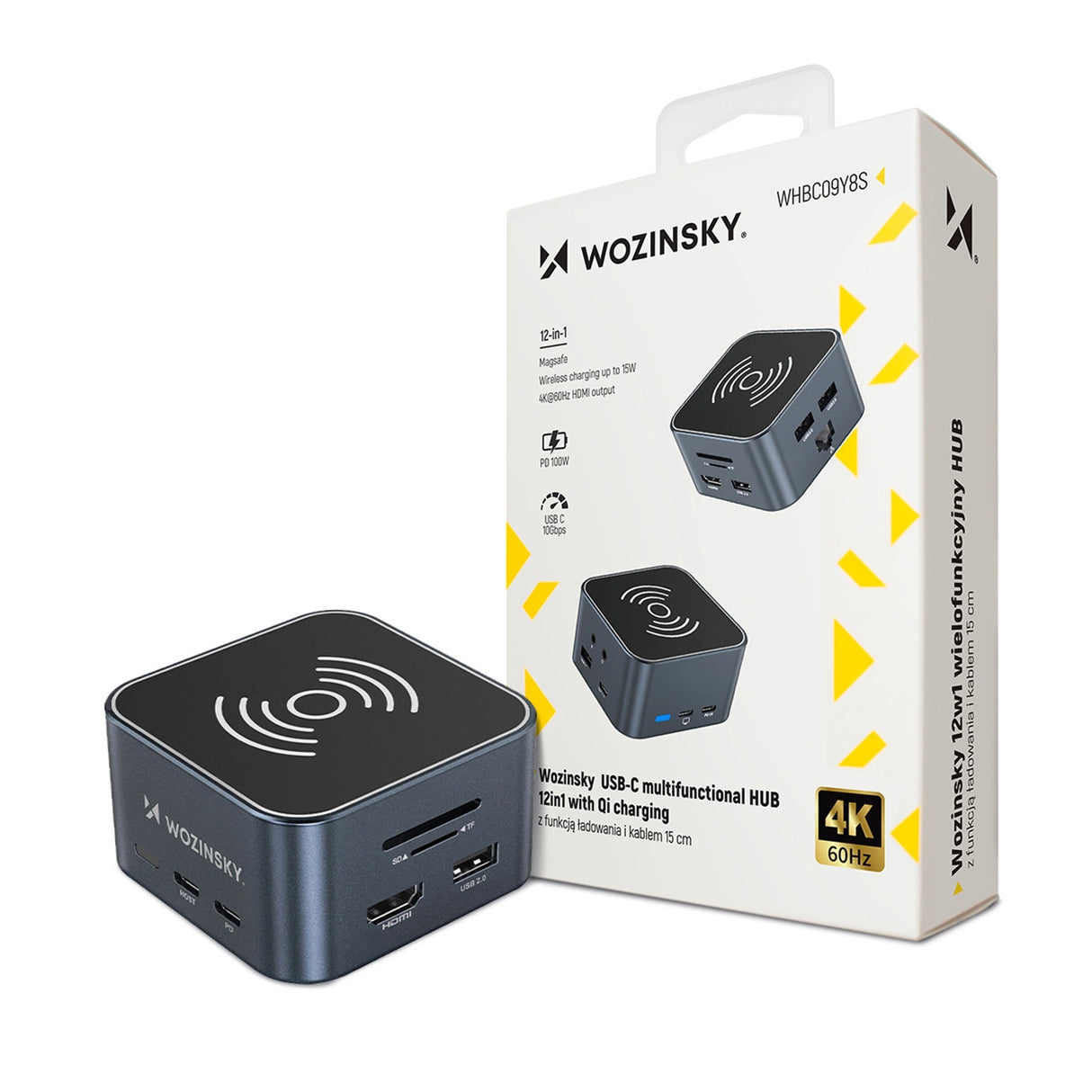 Hub USB-C 12 i 1 Wozinsky WHBC09Y8S multifunktionel, med trådløs opladningsfunktion, aluminium, med 15 cm kabel - grå