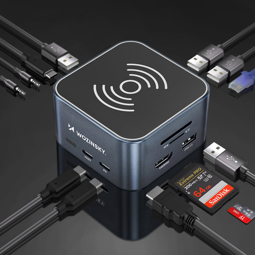 Hub USB-C 12 in 1 Wozinsky WHBC09Y8S multifunctional, with wireless charging function, aluminum, with 15 cm cable - gray