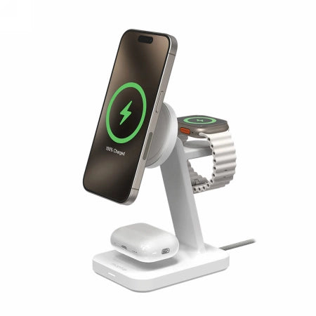 ZAGG Mophie Snap+ 3-i-1 Qi2 trådløs oplader Stativ til tre enheder Kompatibel med MagSafe og Qi2 - Hvid