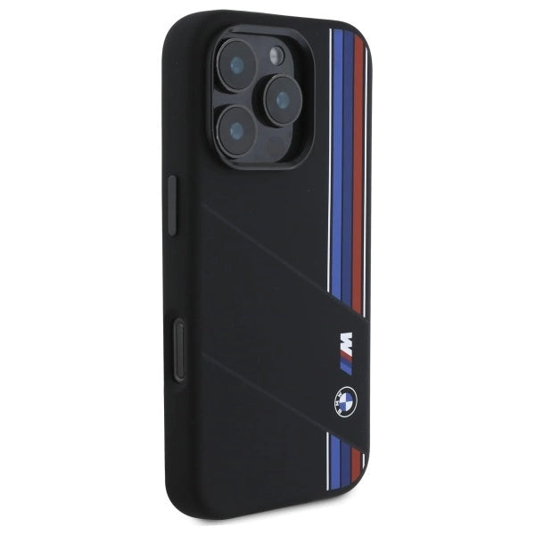 BMW Silicone Cut Tricolor Lines MagSafe Case til iPhone 16 Pro - sort