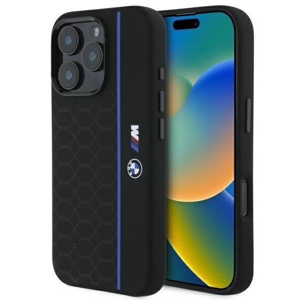 BMW silikone Hexagon Blue Line MagSafe Case til iPhone 16 Pro Max - sort