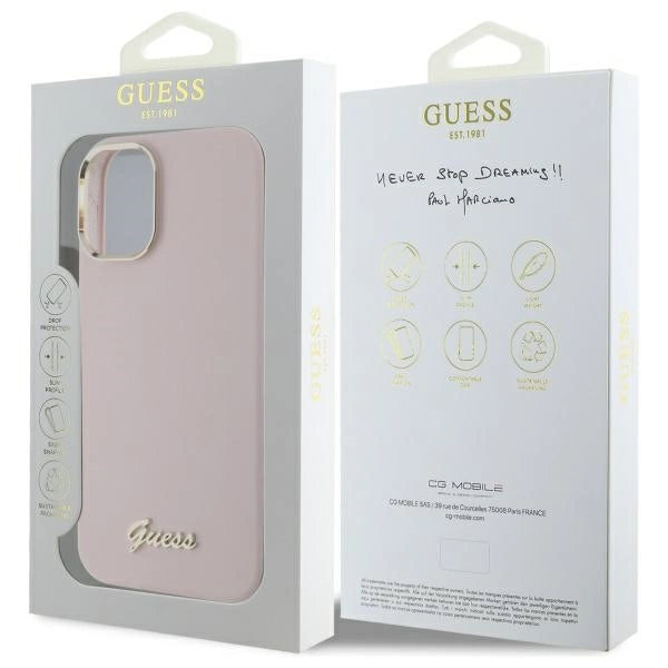 Guess Silicone Script Metal Logo & Frame iPhone 16 Case - Pink