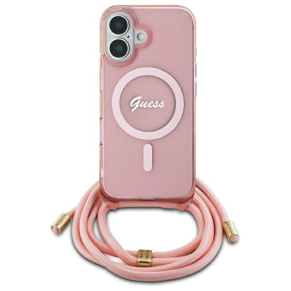 Guess Crossbody Cord Script MagSafe iPhone 16 Case - Pink