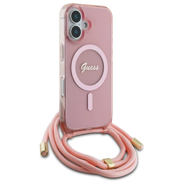 Guess Crossbody Cord Script MagSafe iPhone 16 Case - Pink