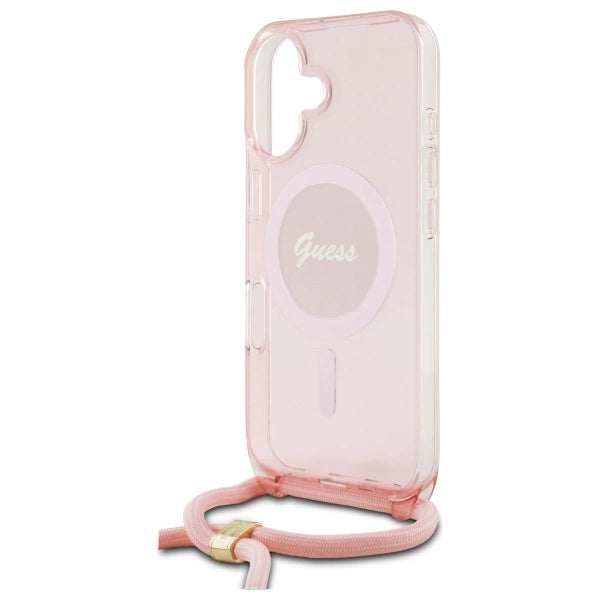 Guess Crossbody Cord Script MagSafe iPhone 16 Case - Pink