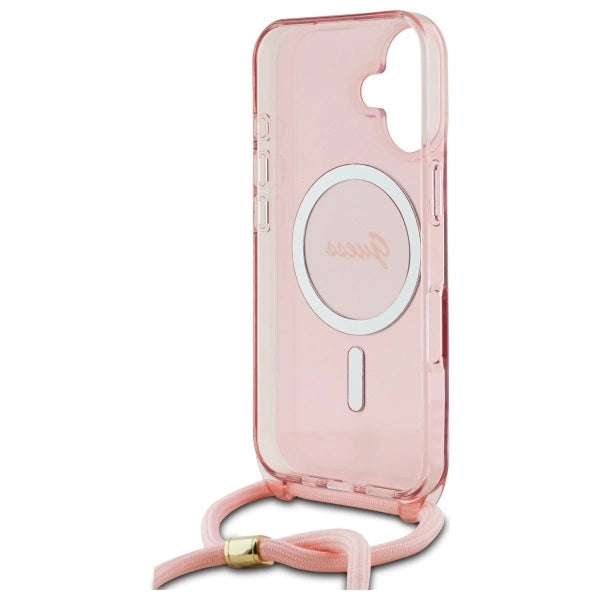 Guess Crossbody Cord Script MagSafe iPhone 16 Case - Pink