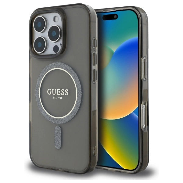Guess IML Glitter Circle MagSafe-hylster til iPhone 16 Pro Max - sort