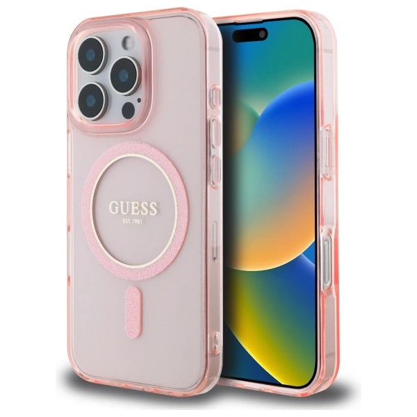 Guess IML Glitter Circle MagSafe-hylster til iPhone 16 Pro Max - pink