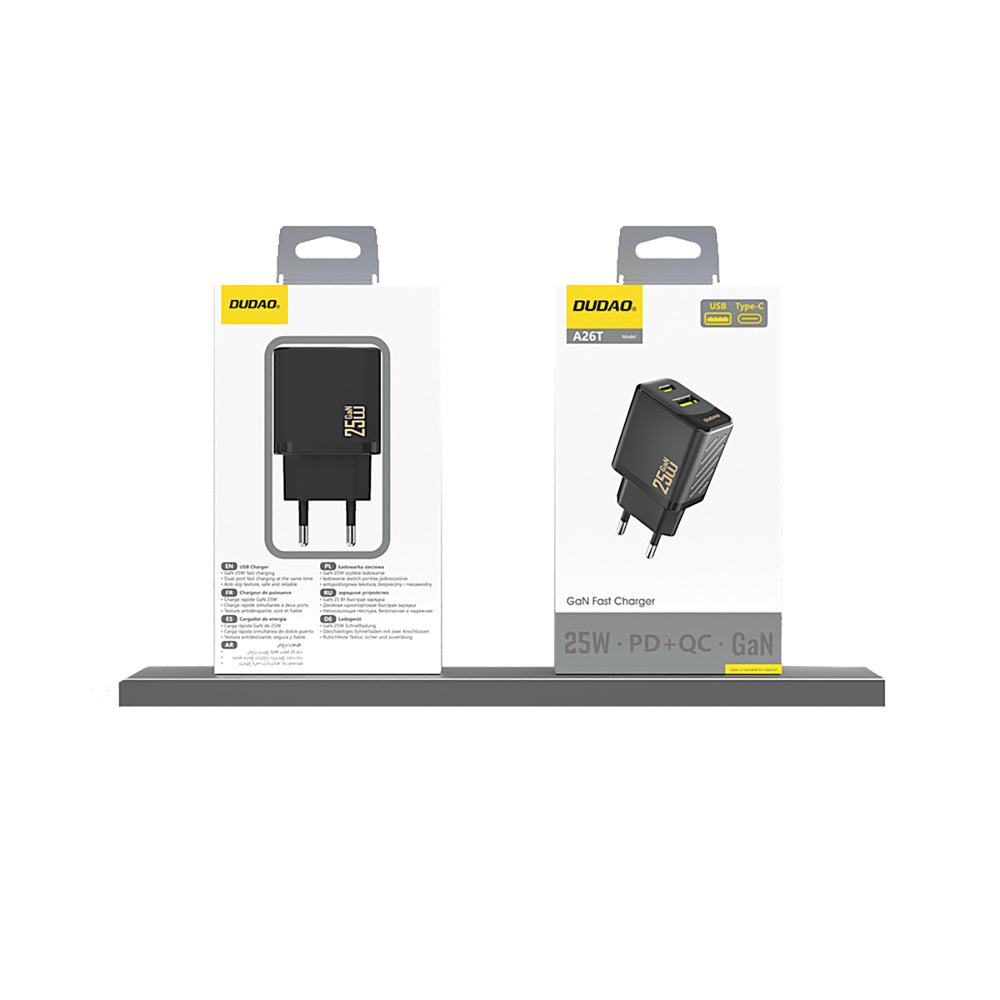 Dudao A26T GaN 25W USB-A, USB-C oplader - sort