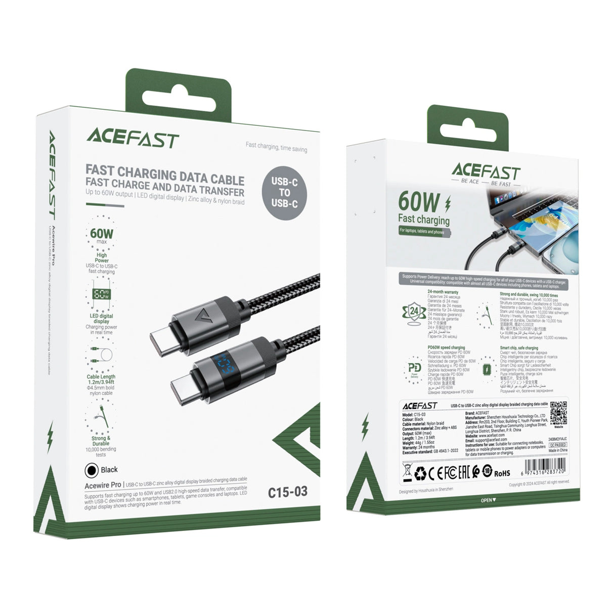Acefast C15-03 USB-C - USB-C-kabel med display 480Mb/s 60W 1,2m - sort