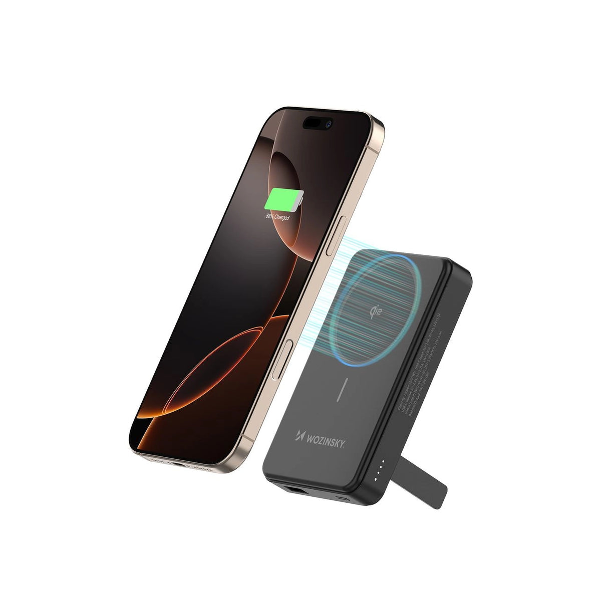 Powerbank Wozinsky WLWP-10KA0Y3S 22.5W PD Qi2 10000 mAh, med stativ, 1x USB-A, 1x USB-C - sort