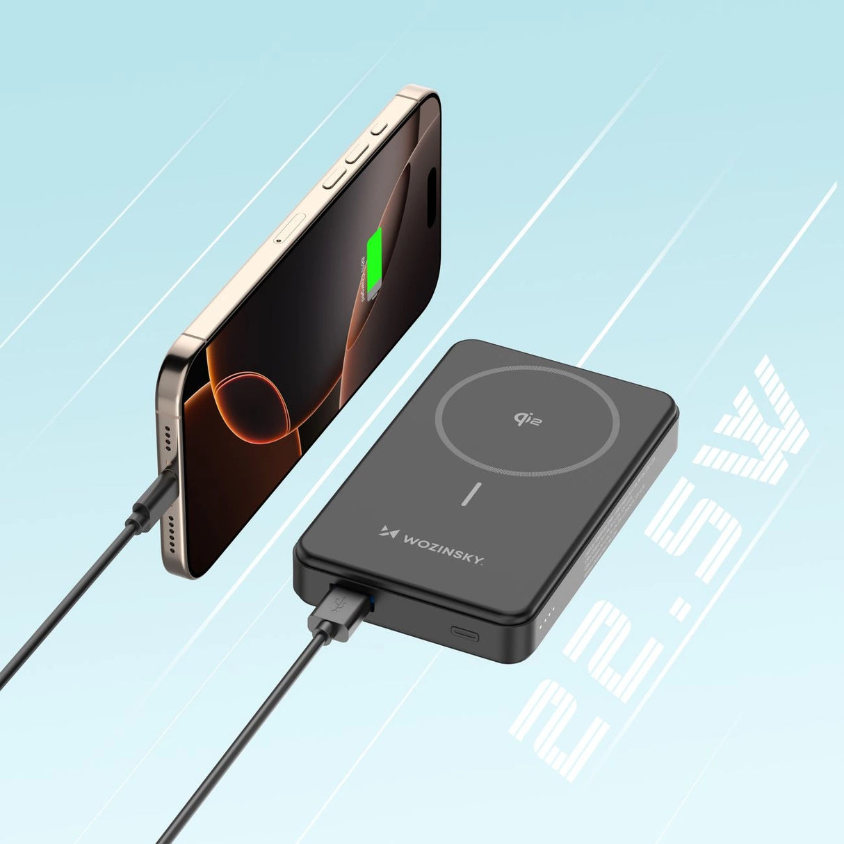 Powerbank Wozinsky WLWP-10KA0Y3S 22.5W PD Qi2 10000 mAh, med stativ, 1x USB-A, 1x USB-C - sort