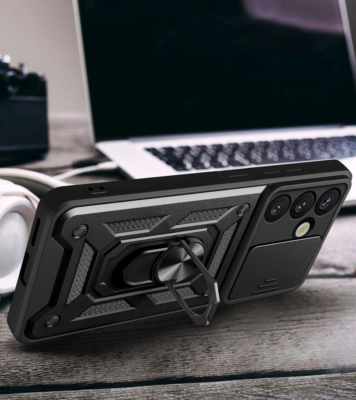 Hybrid Armor Camshield med Camera Cover og Metal Ring til Samsung Galaxy S25 - sort