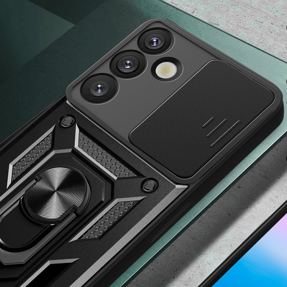 Hybrid Armor Camshield med kameraomslag og metalring til Samsung Galaxy S25+ - sort