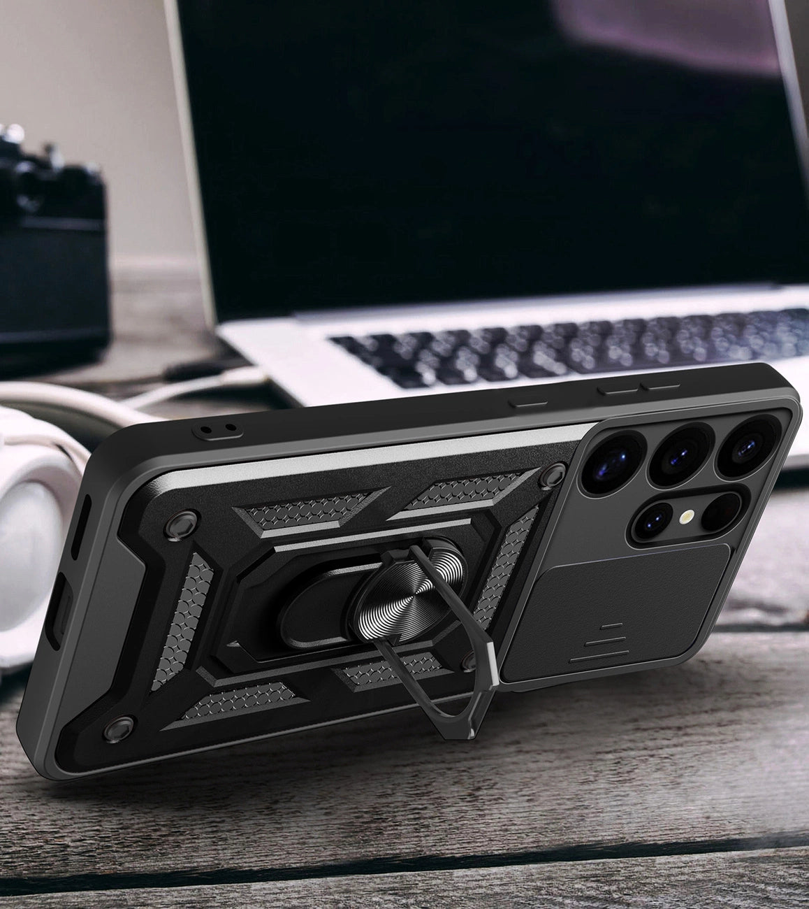 Hybrid Armor Camshield med Camera Cover og Metal Ring til Samsung Galaxy S25 Ultra - sort