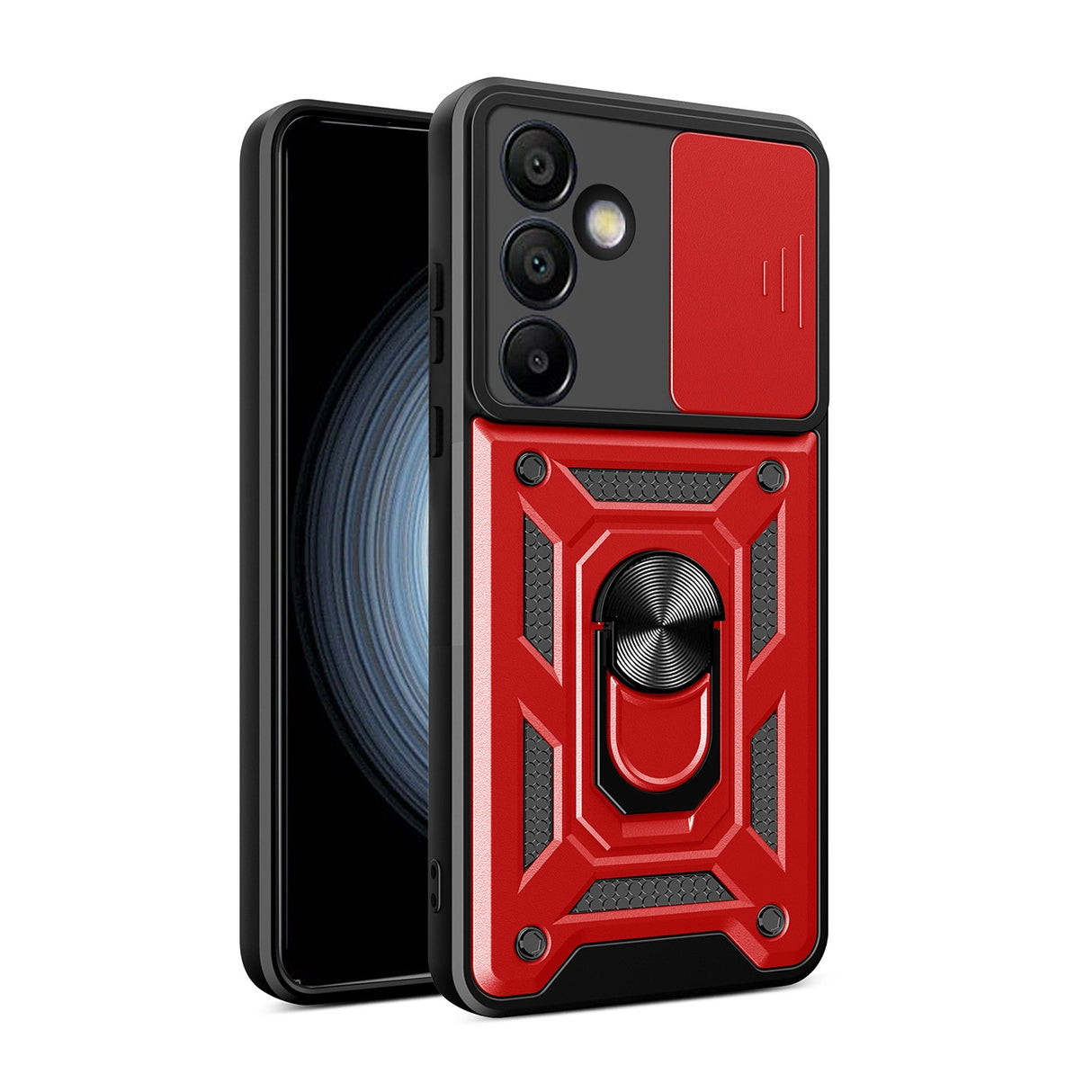 Hybrid Armor Camshield med Camera Cover og Metal Ring til Samsung Galaxy S24 FE - Rød