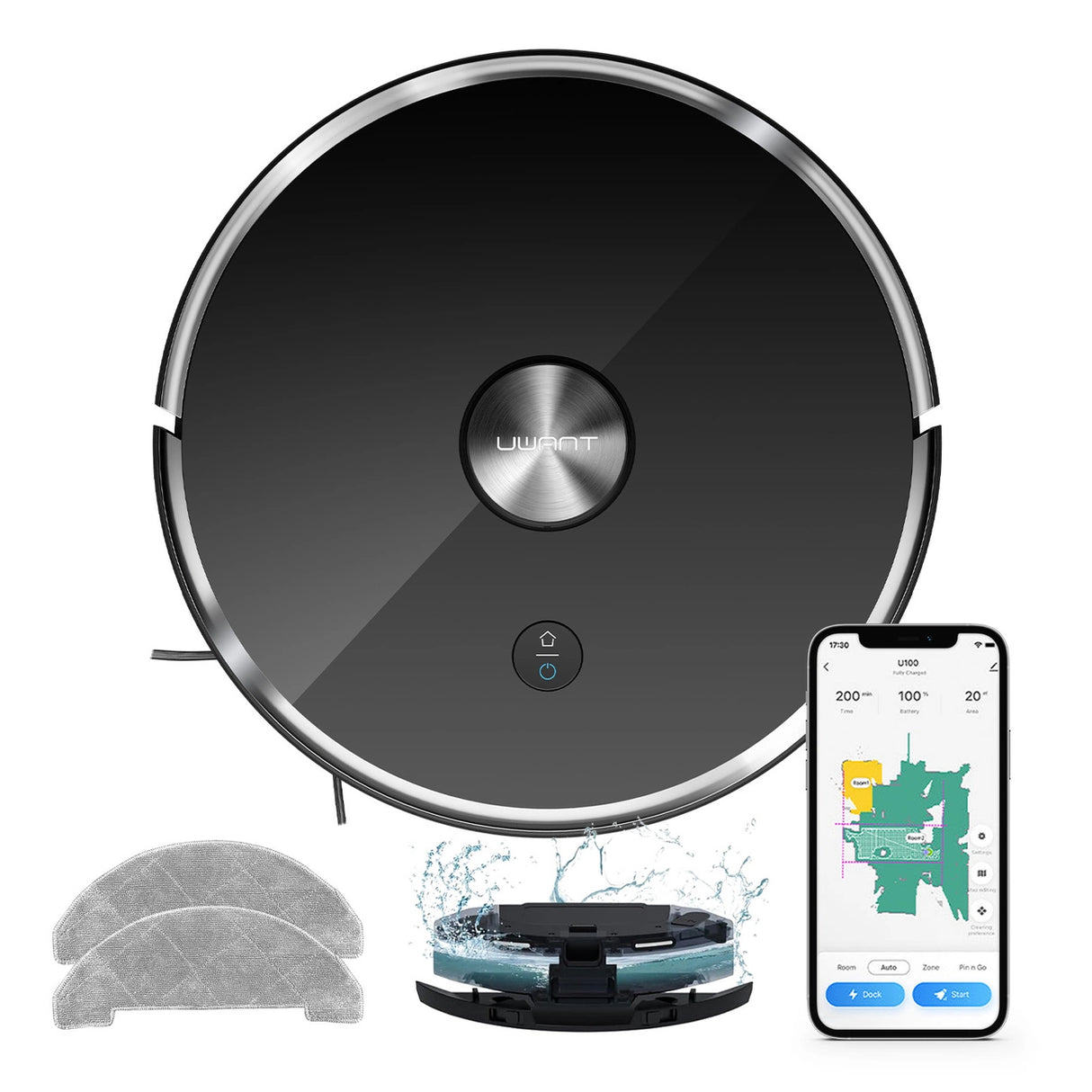 UWANT U100 Lite robotstøvsuger med mop-funktion + opladningsstation - grå
