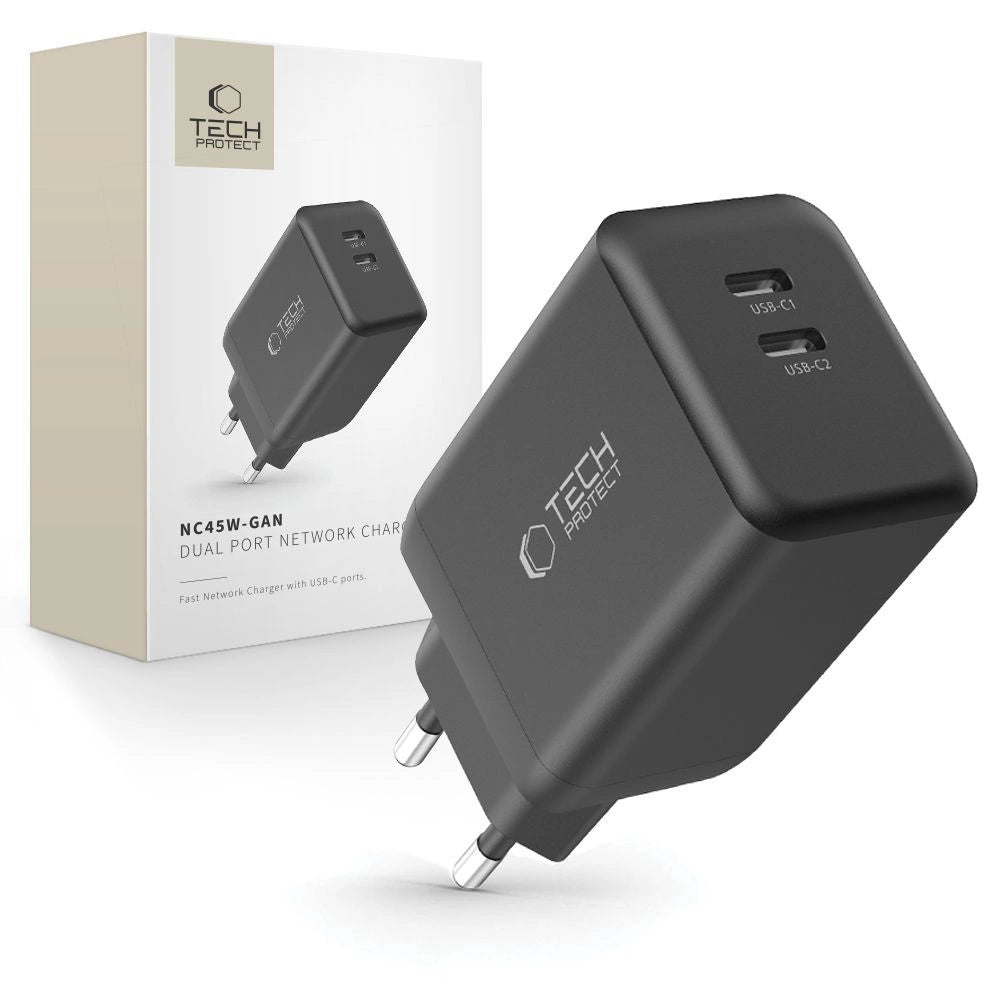 Tech-Protect NC45W-GAN 2-PORT PD45W vægoplader - sort