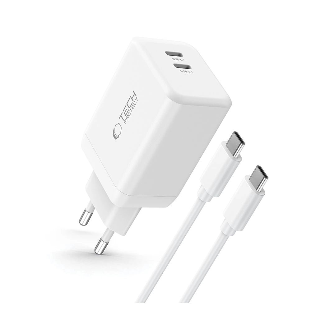 Tech-Protect NC45W-GAN 2-PORT PD45W oplader + TYPE-C-KABEL - hvid