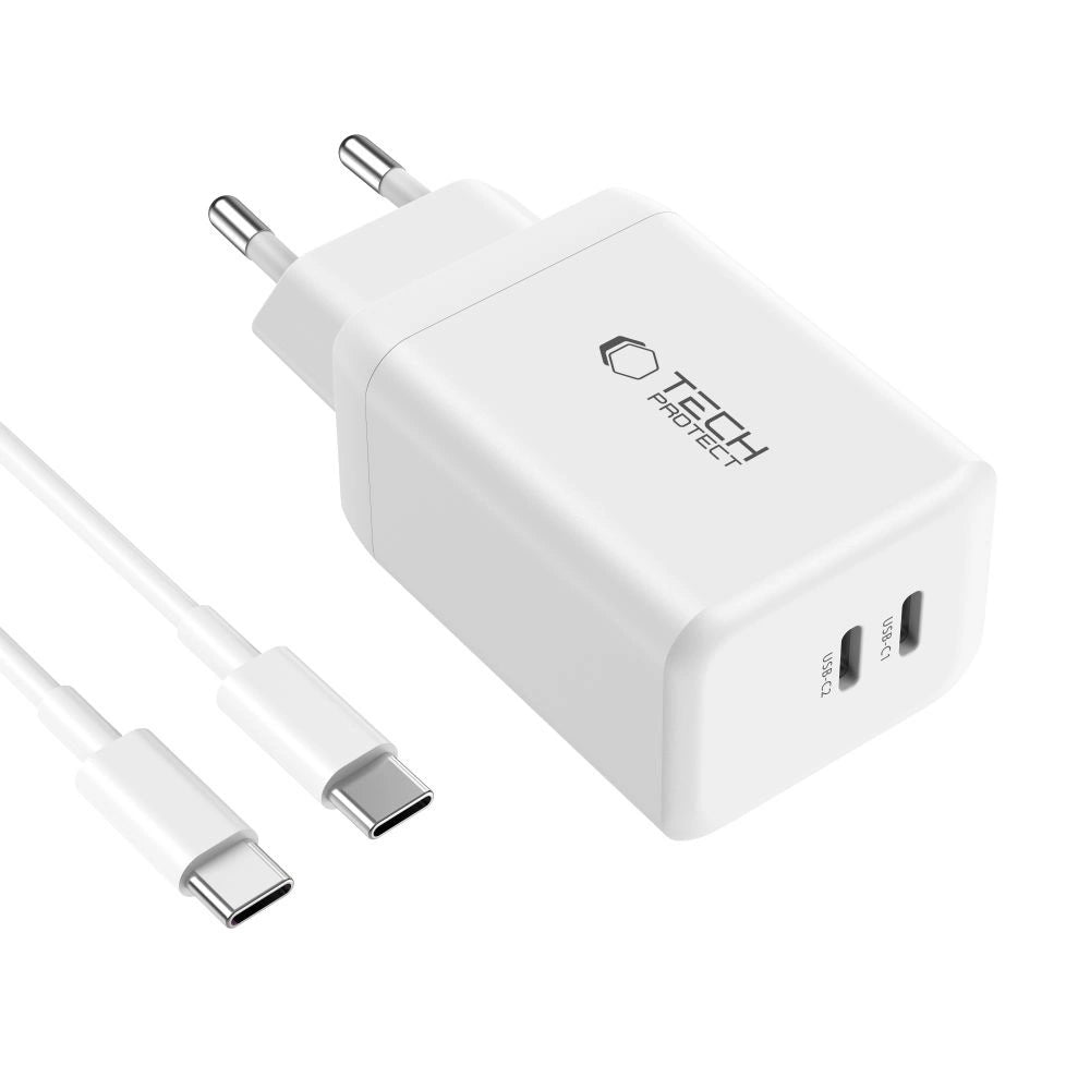 Tech-Protect NC45W-GAN 2-PORT PD45W oplader + TYPE-C-KABEL - hvid