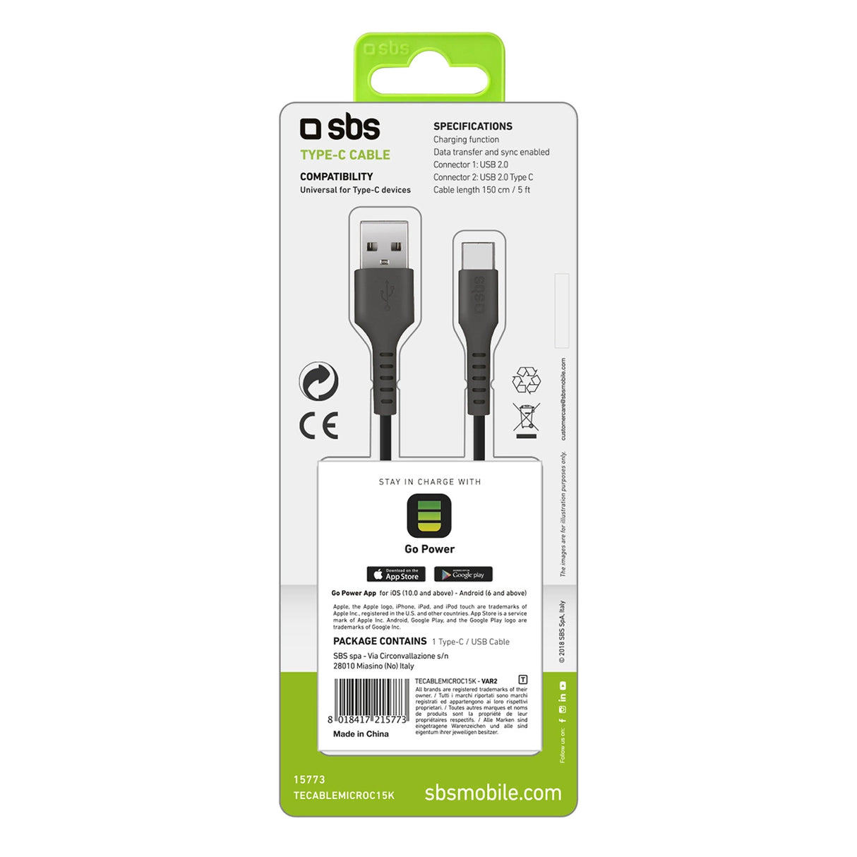 SBS TECLEMICROC15K USB-A - USB-C Kabel 1,5 m - sort