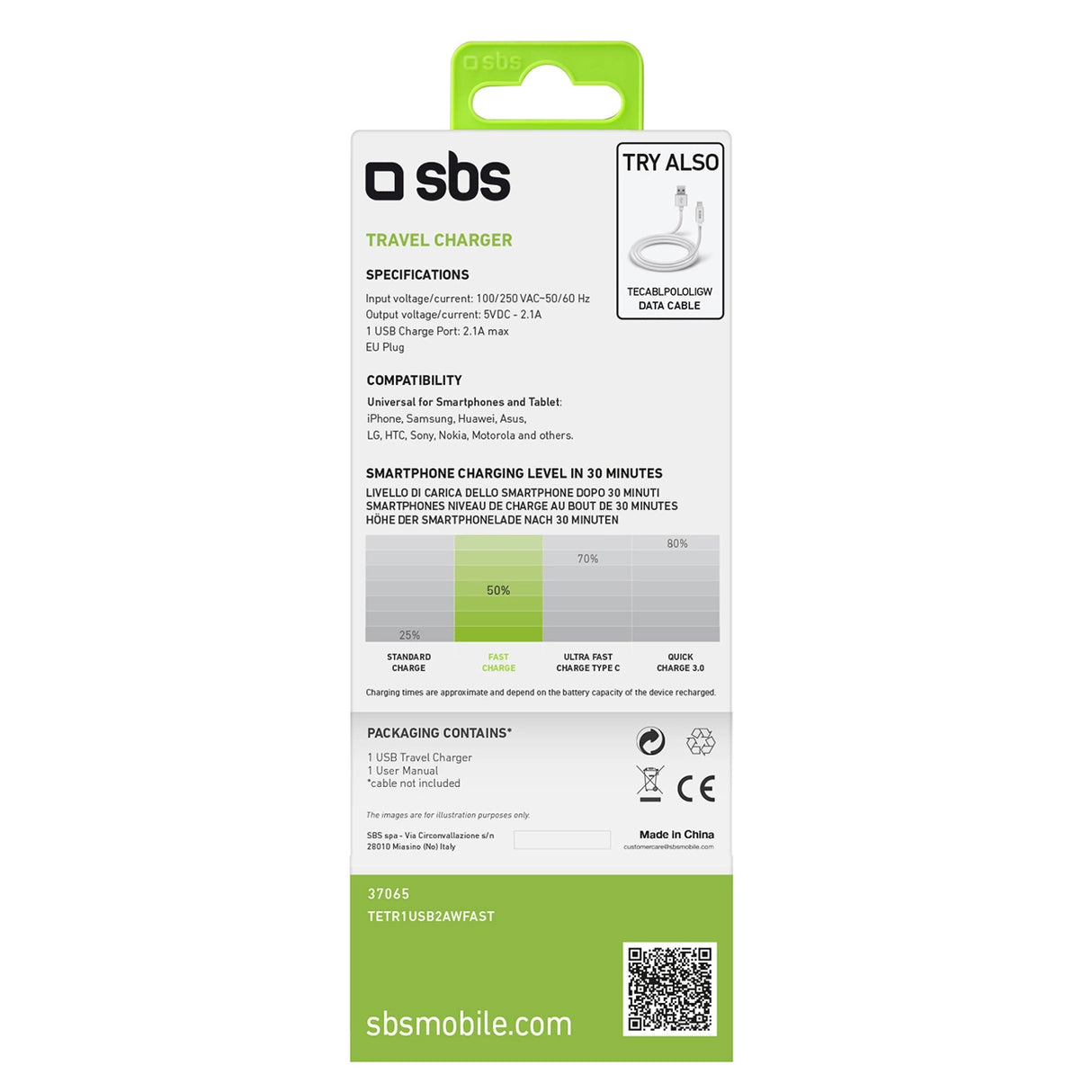 SBS TETR1USB2AWFAST 10W USB-A Wall Charger - hvid