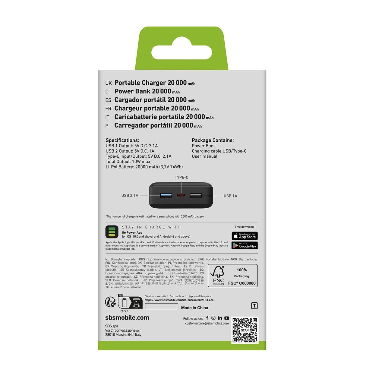 Hurtig opladning: 20.000 mAh, 2 USB'er sort
