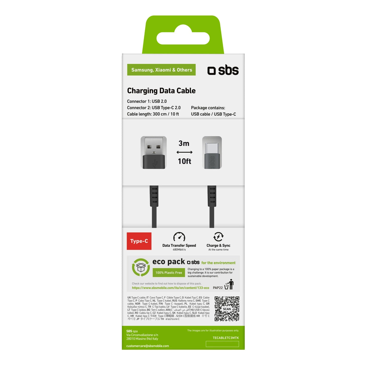 SBS TECABLETC3MTK USB-A - USB-C Kabel 3m - sort